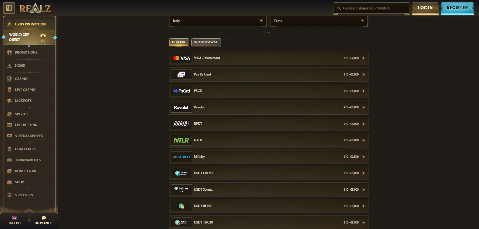 Metodi di pagamento deposito e prelievo su Realz Casino Italia