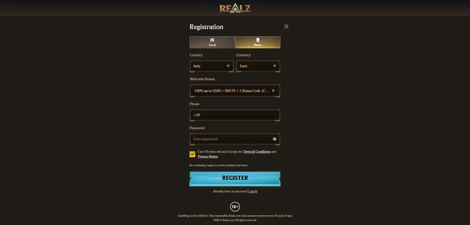 realz-login-2 Come registrarsi e richiedere il bonus su Realz Casino Italia
